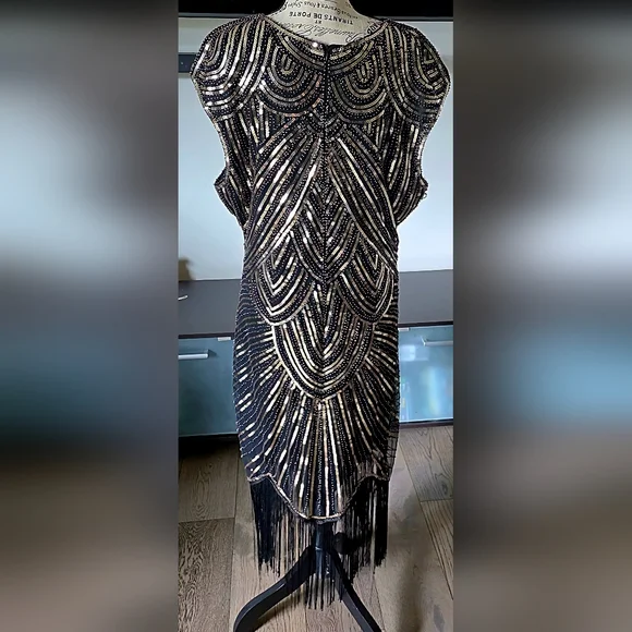 1920s Great Gatsby Flapper Plus Size Sequin Fringe Cap Sleeve Dress Vintage 2X - Picture 10 of 15